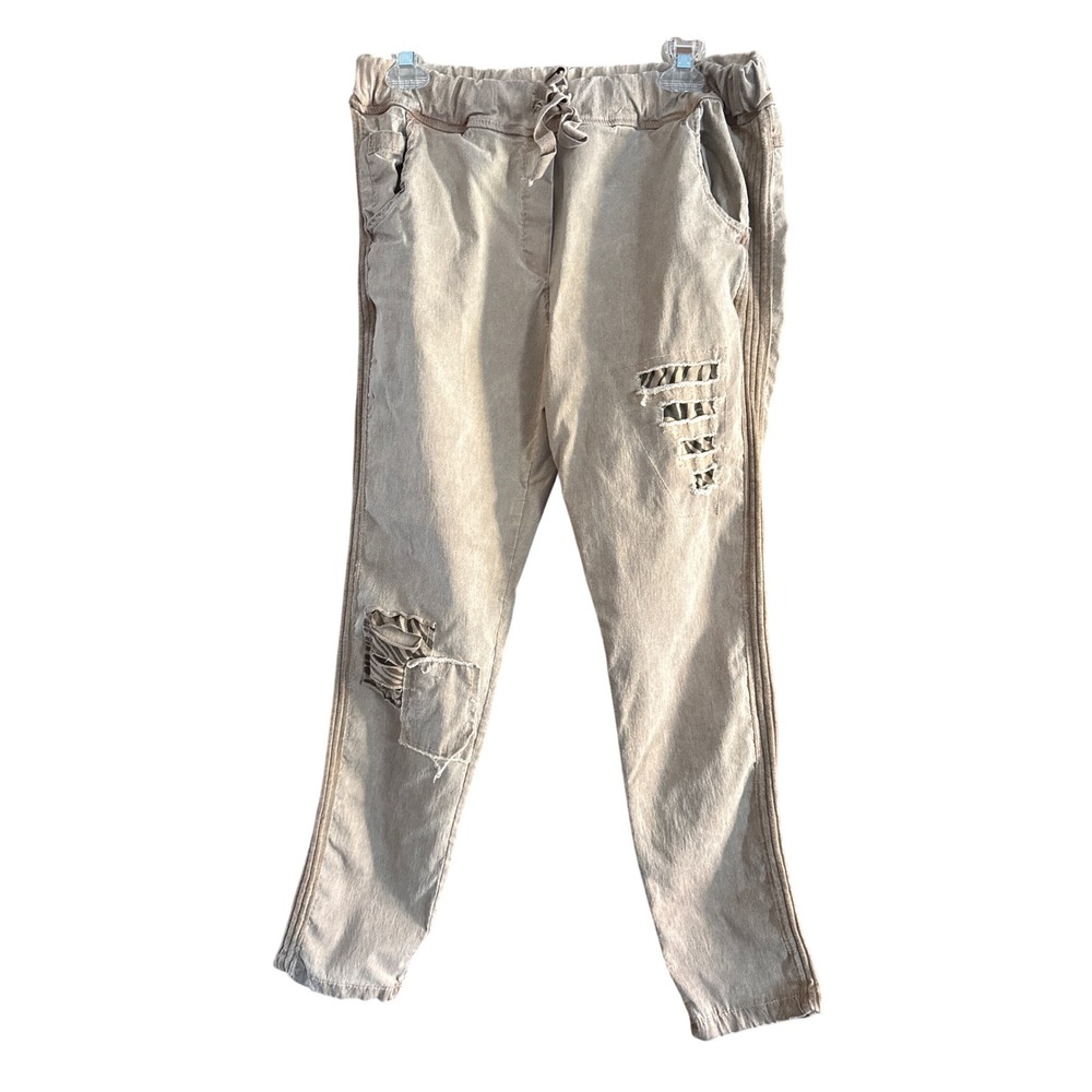 Venti6 Women's Distressed Cargo Pants Tan‎ Elastic Waist Drawstring Size M